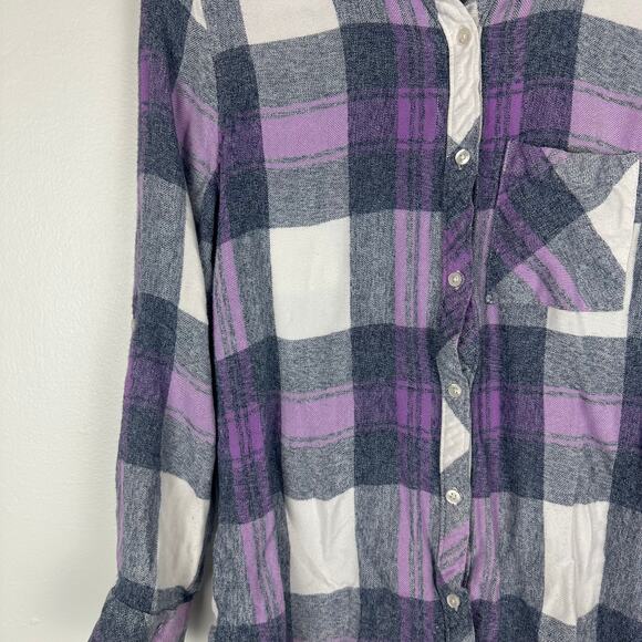 Caffe Marrakesh Womens Long Sleeve Button-Up Soft Grey/Purple Plaid Shirt Small - Picture 5 of 11